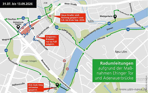 Kein richtiges Glanzlicht der Woche, aber notwendig zu wissen: Donauradweg an der Adenauerbrücke von Freitag, 31. Juli bis Mitte Sept. gesperrt - auch zum Teil die Zick-Zack-Brücke