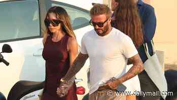 David Beckham's 5ft'11" frame is dwarfed by 6ft'6" Michael Jordan as the sporting legends enjoy another meet during South of France jaunt while Victoria wows ahead of lavish sunset dinner