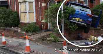 Destructive aftermath of car that smashed into North East house leaving man fighting for life