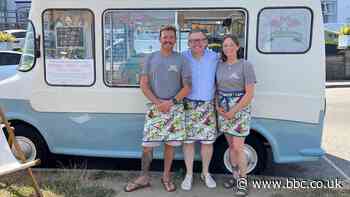 James Churchfield tries his hand serving at the Pink Flamingo Vintage Ice Cream Van in Newquay