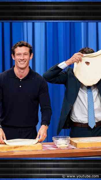 #CallumTurner teaches Jimmy how to do a pizza dough toss in honor of #OneNightOnly! #FallonTonight