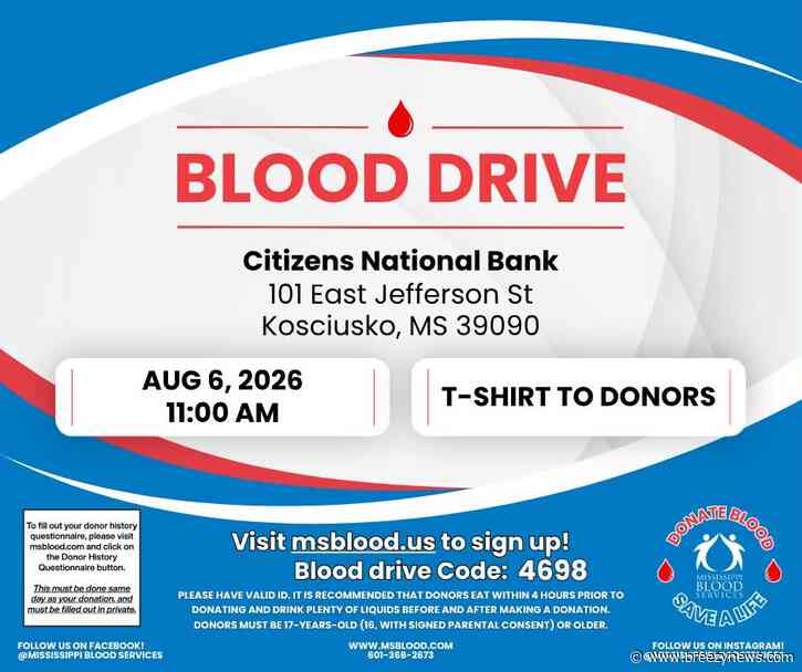 Happening today: Blood drive at Citizens National Bank in Kosciusko
