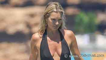 Kate Moss, 52, turns heads in a plunging swimsuit as she joins bikini-clad daughter Lila, 23, as they cool off on a girls' boat trip to Formentera