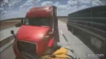 Oklahoma Highway Patrol trooper narrowly avoids collision, semi hits attenuator truck