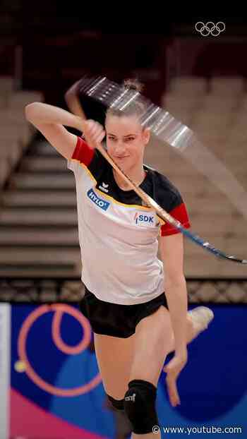 Darja Varfolomeev is on the mat for podium training at the Rhythmic Gymnastics World Championships.