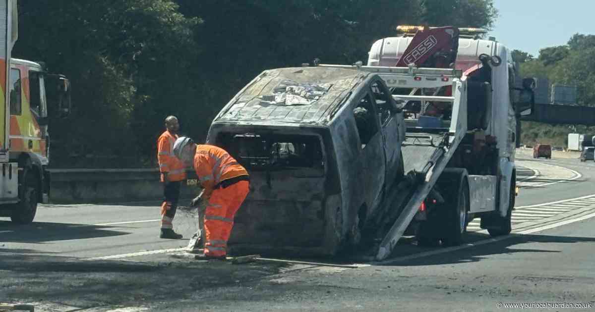 One suffers burns as van goes up in flames near M25, sparking motorway gridlock