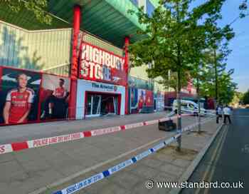 Police hunt for suspects after Arsenal store damaged in late night raid