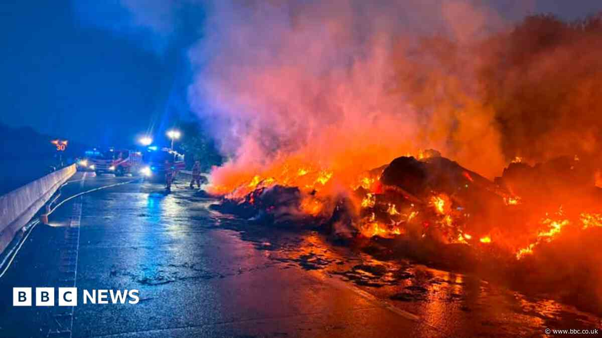 M54 partially closed after hay lorry catches fire