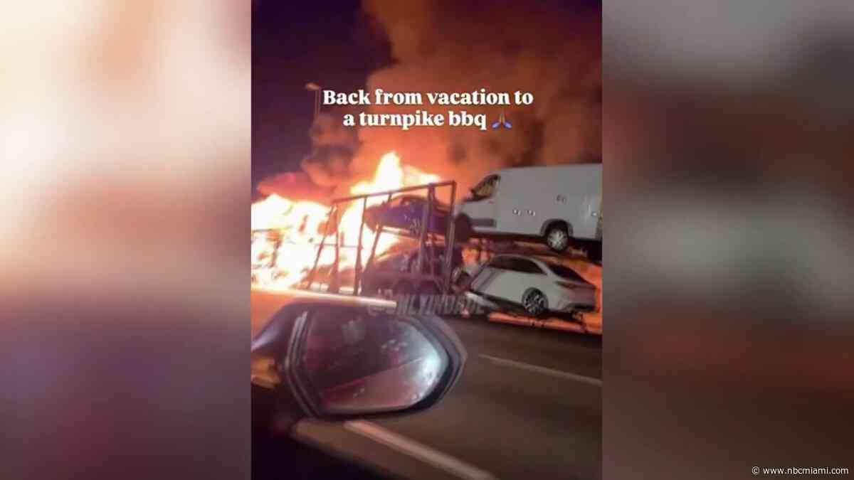 Video shows car carrier on fire on Florida's Turnpike in Lauderhill