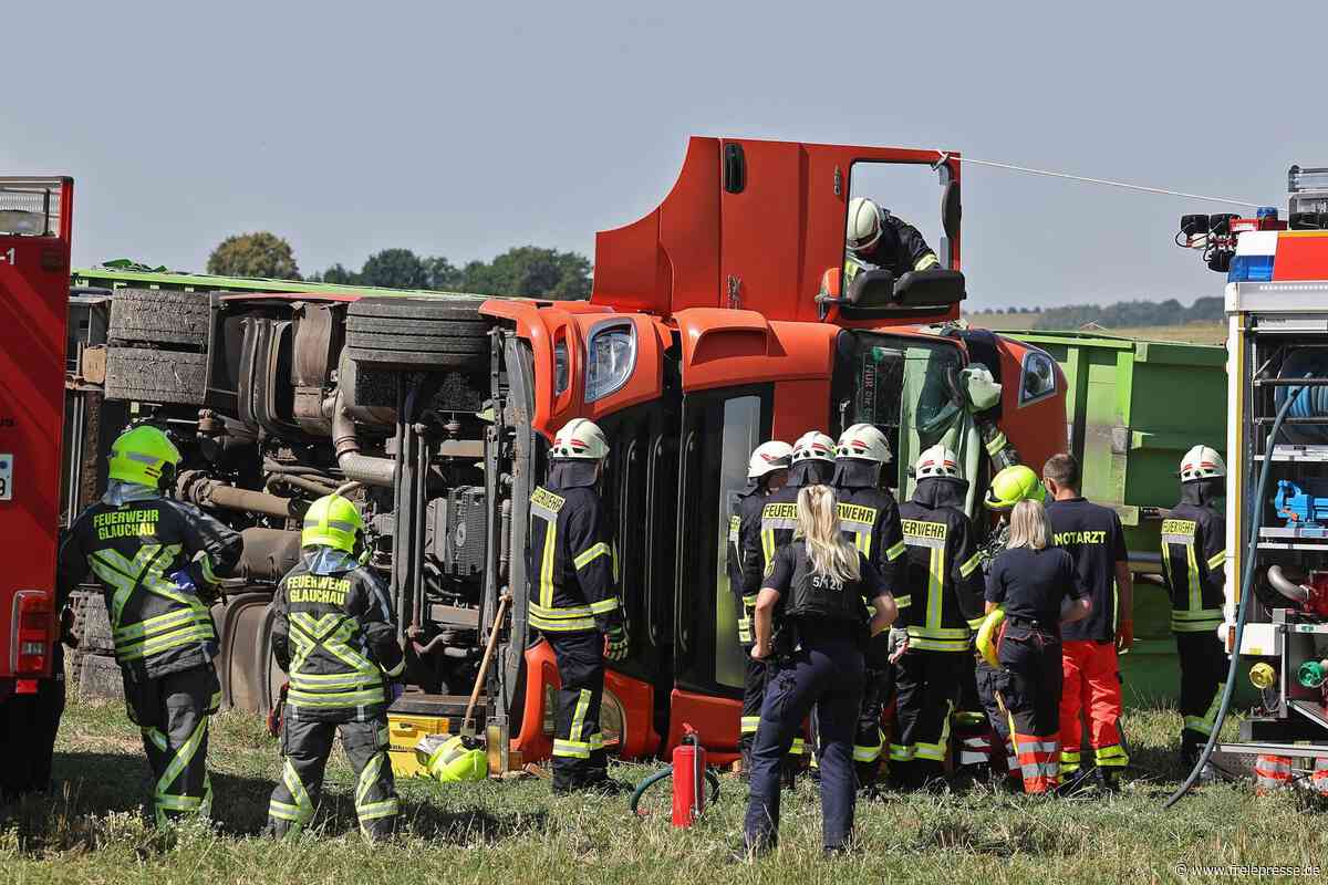 Außergewöhnlicher Einsatz für die Feuerwehren von Glauchau und Remse: Kuhmist-Laster kippt um
