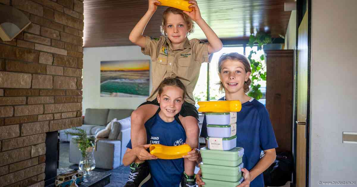 Flint (11), Famke (9) en Faas (7) uit Hellendoorn gaan voor het eerst in ruim een jaar weer naar school