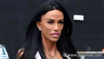 Katie Price models a tight white top which reads 'Iconic Girl Energy' as she leaves £60-a-night budget hotel in Manchester - as daughter Princess and son Junior leave separately
