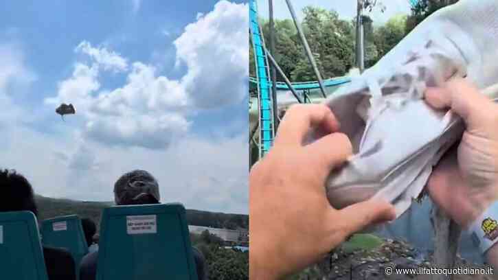 “Una passeggera ha perso una scarpa. Mi ha colpito in pieno ma sono riuscito ad afferrarla mentre andavamo a oltre 110 km all’ora sulle montagne russe”. Il video è virale
