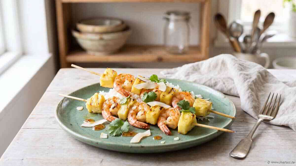 Karibische Garnelen-Ananas-Spieße, sanft gegrillt in der Heißluftfritteuse