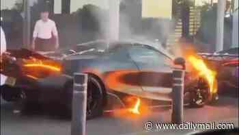 Moment supercars are set ablaze in wedding petrol bomb attack: Three men throw missiles at luxury cars and guests as they dined at Birmingham banqueting hall
