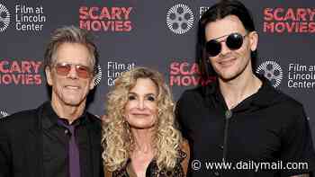 Kevin Bacon, 68, draws sharp contrast to goth son Travis, 37, in rare red carpet moment with wife Kyra Sedgwick, 61, in NYC