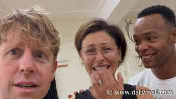 Emma Willis grimaces as she joins her fellow new Strictly hosts Josh Widdicombe and Johannes Radebe to learn a dance routine ahead of the show's launch