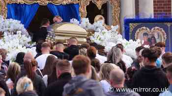 Gold coffin carried through streets as mourners gather for teen killed in M9 crash