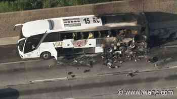 One dead after tour bus catches fire on highway east of Los Angeles