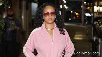 Rihanna looks casually cool in a £2,250 pink Miu Miu jacket as she leaves her hotel in New York with A$AP Rocky and their daughter Rocki