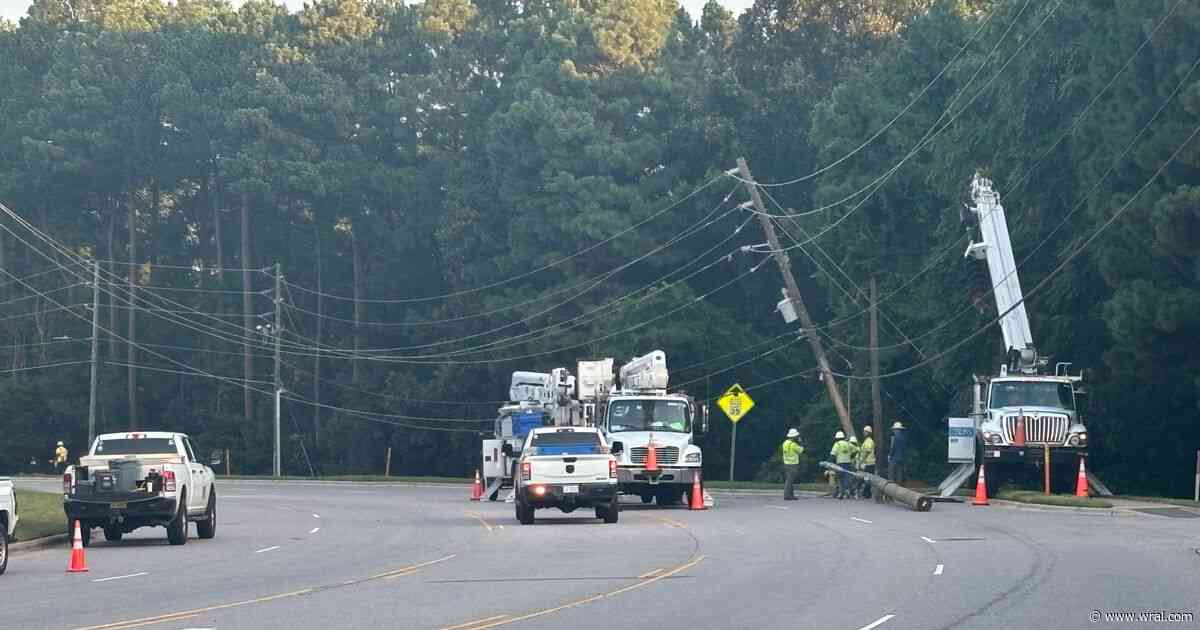 Truck hits power pole, blocking Raleigh intersection for several hours
