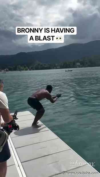 Bronny James front flipping into the lake in Slovenia 🌀 (Via jvando_/IG)