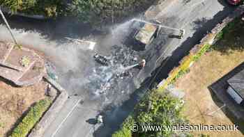 Vehicle left a blackened shell after blaze closes road in Crickhowell