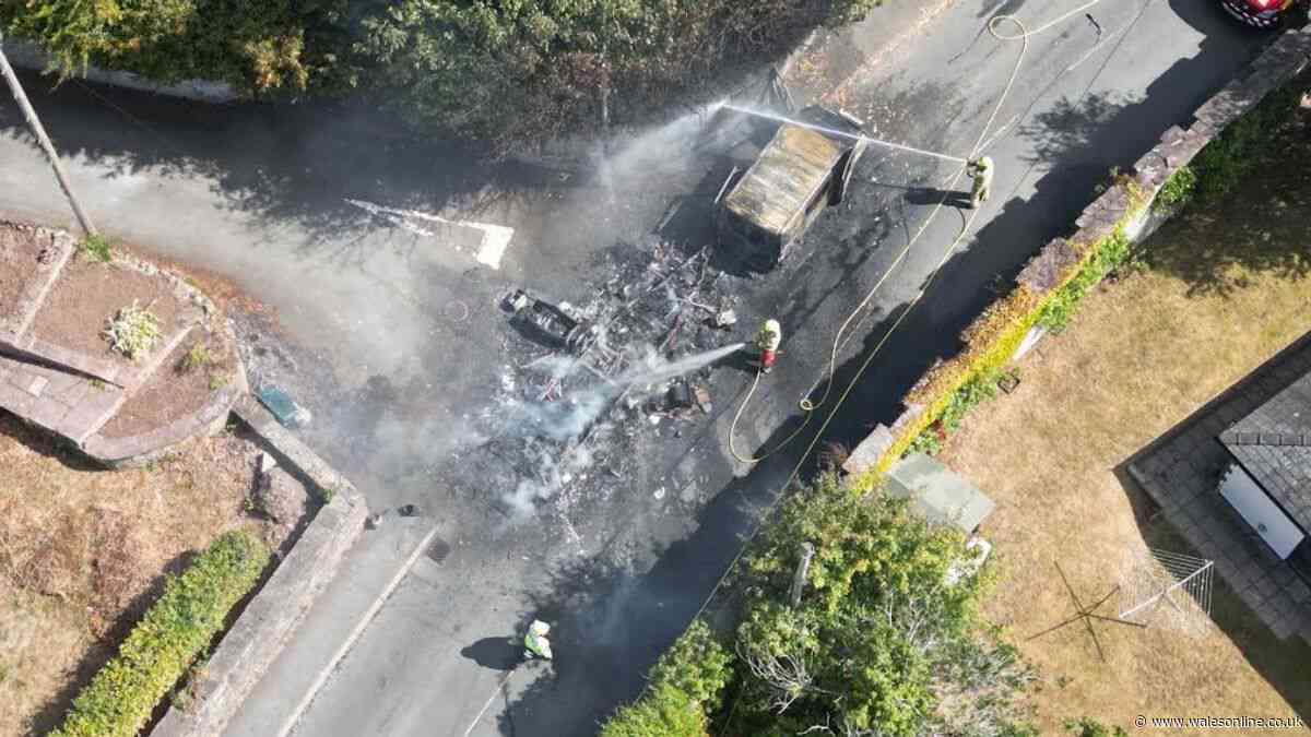 Vehicle left a blackened shell as blaze closes road in Crickhowell