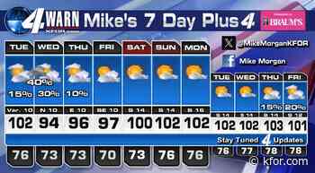 Record tying 108 degrees in OKC on Monday. A brief break is possible Wednesday. Best chance for storms is later Tuesday night into Wednesday morning.