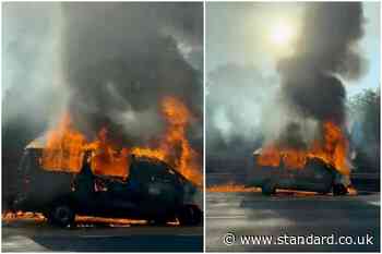 Gatwick travel chaos as van fire bursts into flames on motorway causing huge delays