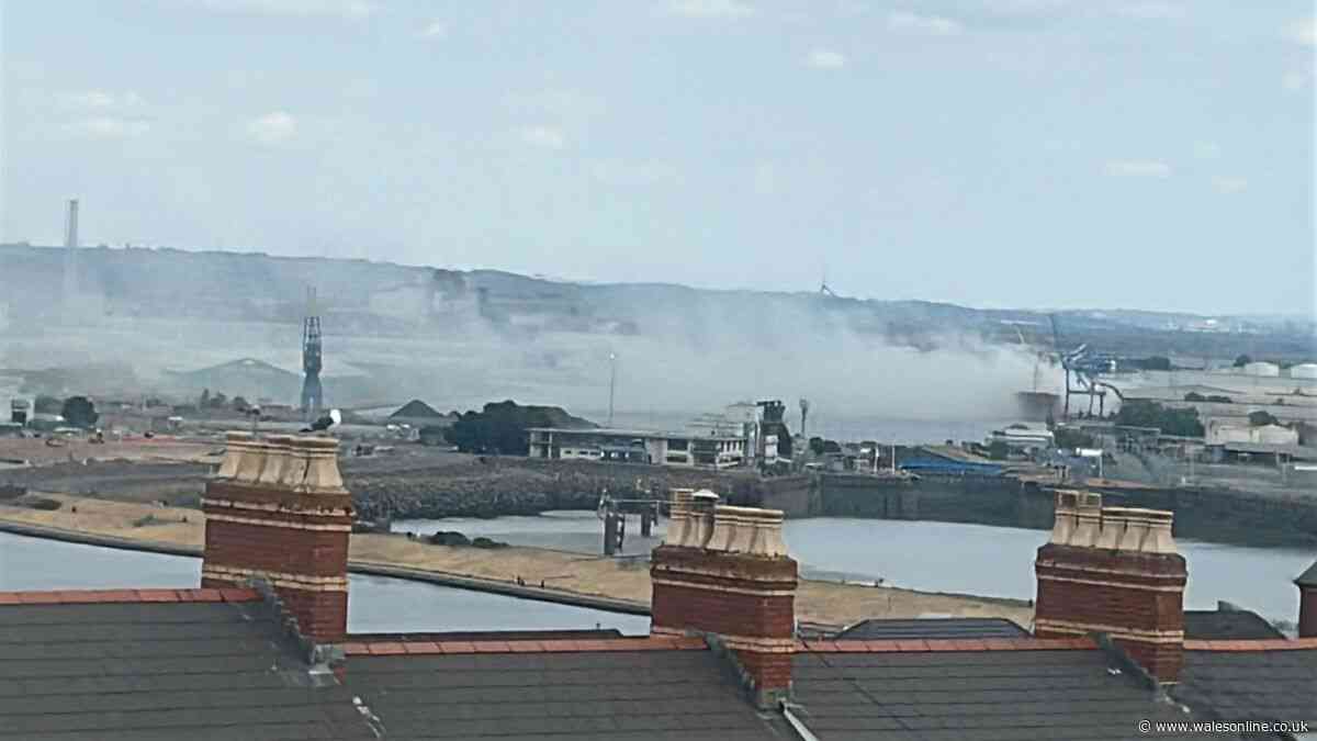 Smoke billows from Cardiff docks as firefighters tackle blaze on ship