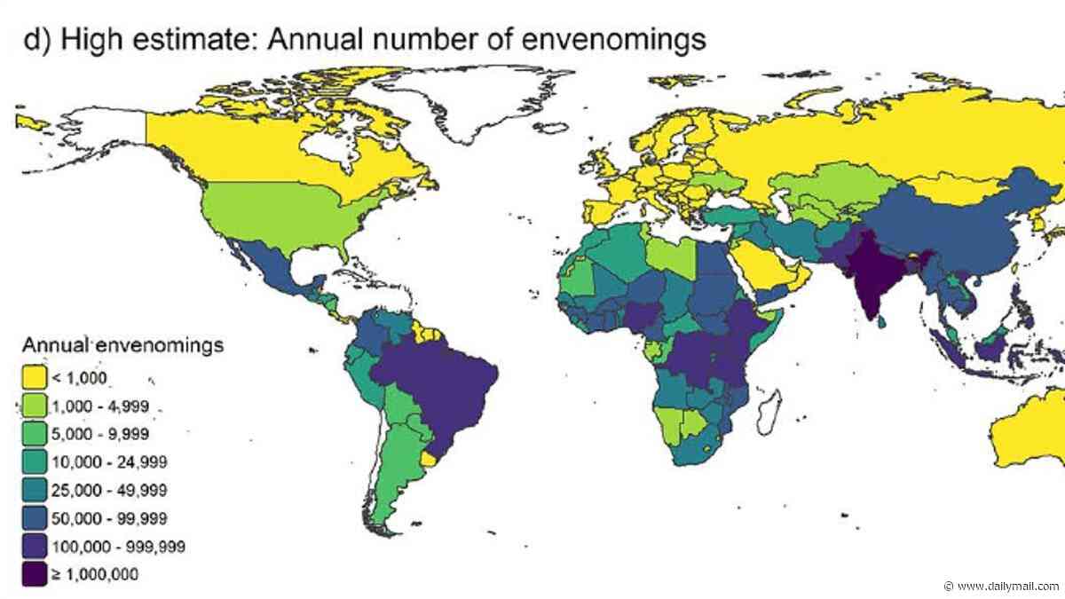 World's snake attack hotspots revealed: Map shows the countries with the most encounters - and Australia doesn't even make the top 20