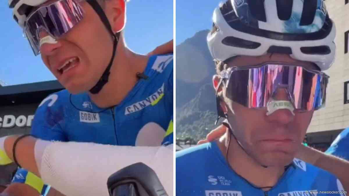 Cian Uijtdebroeks finisht met scheur in enkel als allerlaatste in vierde Vuelta-rit en laat tranen de vrije loop: ’Ik kan deze pijn niet meer aan’