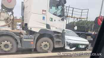 A66 eastbound partially blocked after crash between truck and car