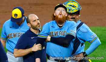 Brewers pitcher nailed by 106 mph liner, exits after one pitch
