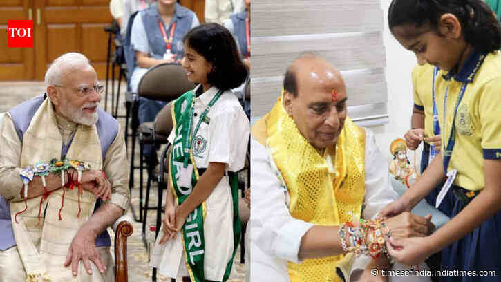 PM Modi, Rajnath celebrate Rakshabandhan with schoolgirls &amp; NCC cadets; Kharge, Rahul extend wishes