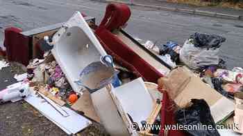 Bed and bath dumped on the side of a road in Brynmawr