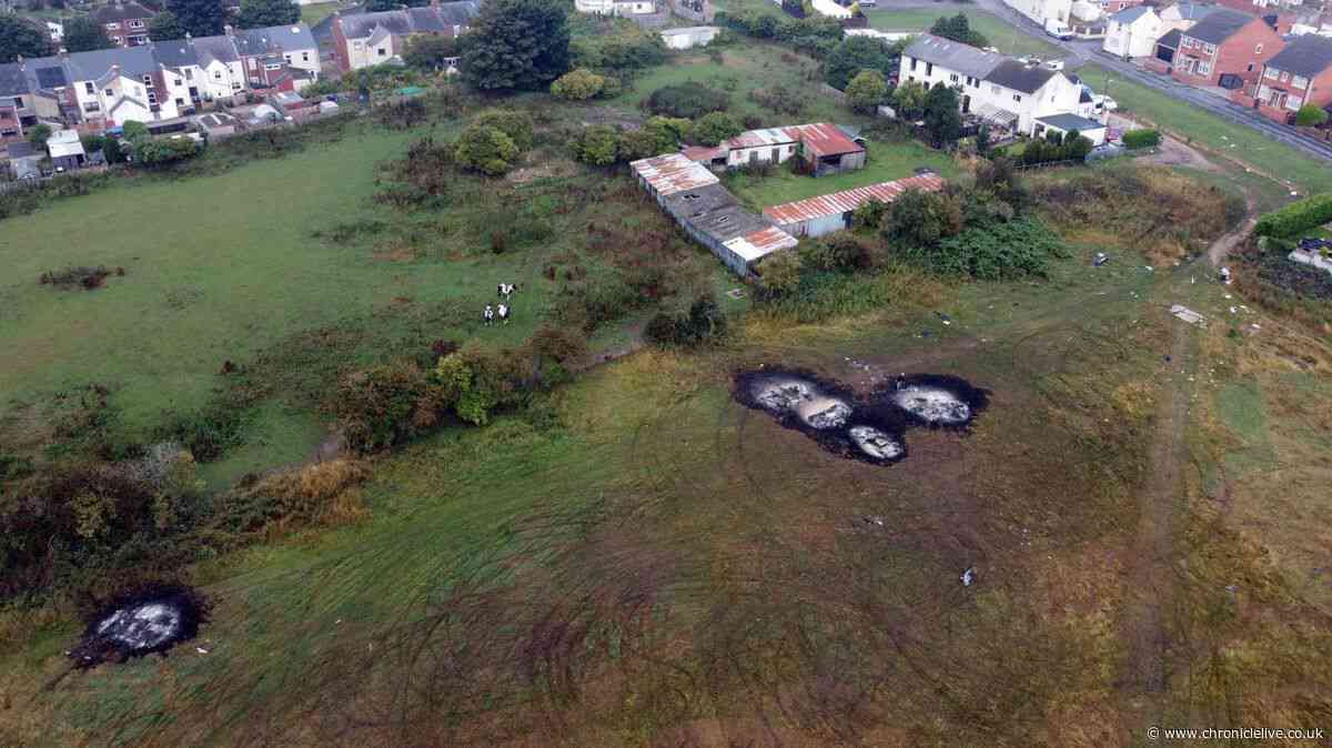 Drone footage shows aftermath of cars set on fire at A66 memorial in County Durham