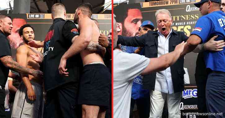 Frank Warren reacts to Hrgovic slapping Moses Itauma at final face off