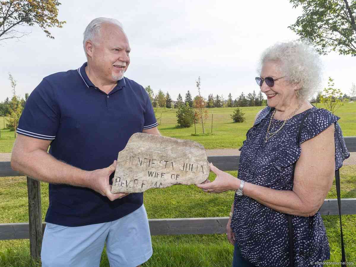 A woman's headstone mysteriously wound up in an Edmonton man's backyard. It's now been reunited with her family