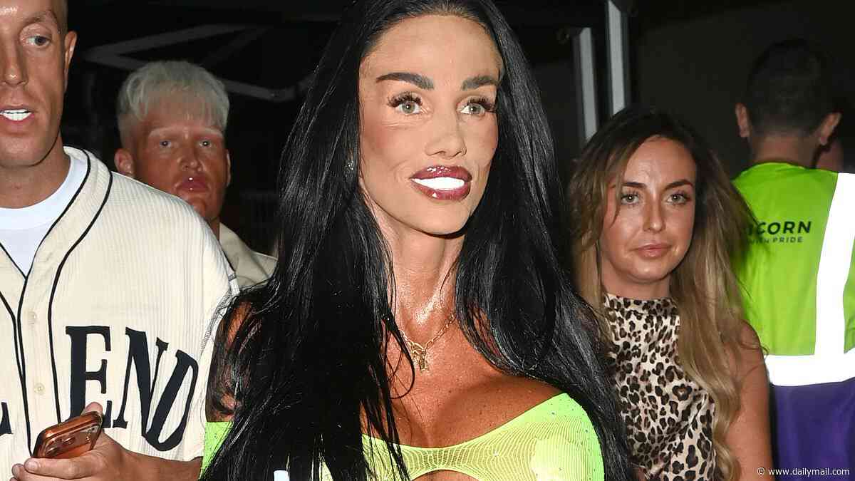 Katie Price turns heads in a plunging cut-out neon leotard and flashes her wedding ring as she heads to Manchester Pride - as husband Lee Andrews 'remains in jail'