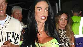 Katie Price turns heads in a plunging cut-out neon leotard and flashes her wedding ring as she heads to Manchester Pride - as husband Lee Andrews 'remains in jail'