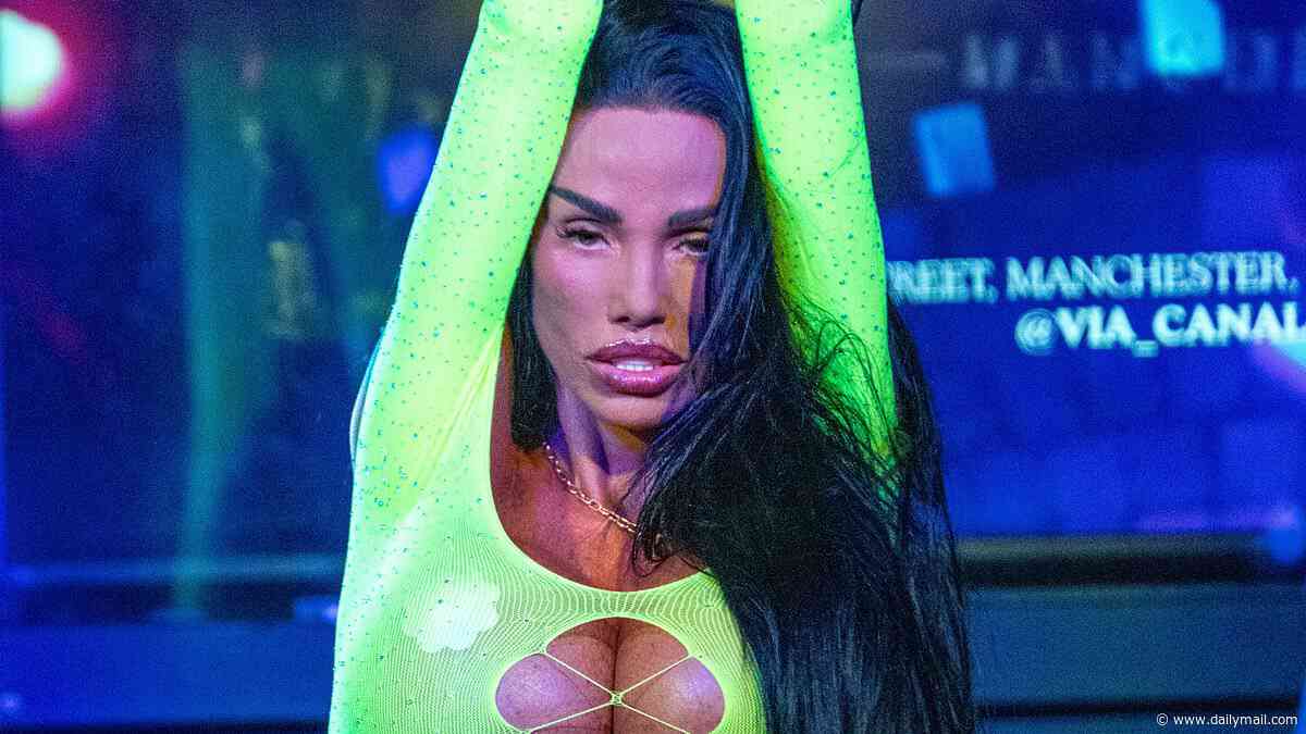 Katie Price lets loose onstage as she performs her hit I Got U in very racy cut-out neon leotard at Manchester Pride