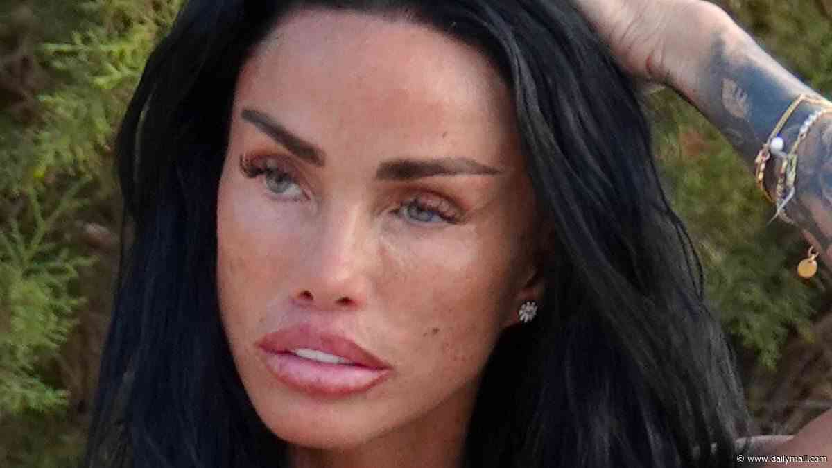 Katie Price shows off her 'owned by Lee' tattoo and the full extent of her surgically-enhanced body during pool day in Ibiza - as husband remains in jail