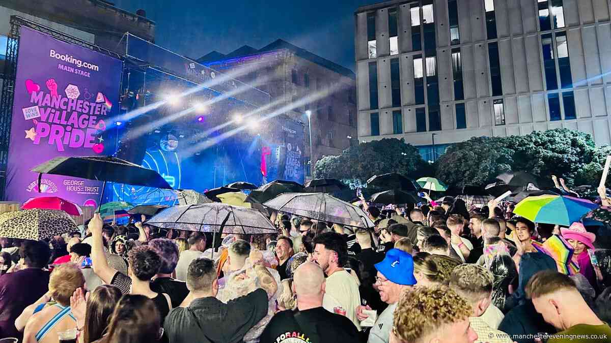 Thunder, a sea of multicoloured umbrellas and Eurodance perfection on Sunday at Manchester Village Pride