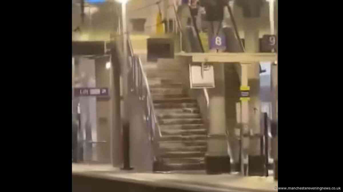 WATCH: Moment rain gushes down stairs at Manchester Piccadilly station amid huge storm