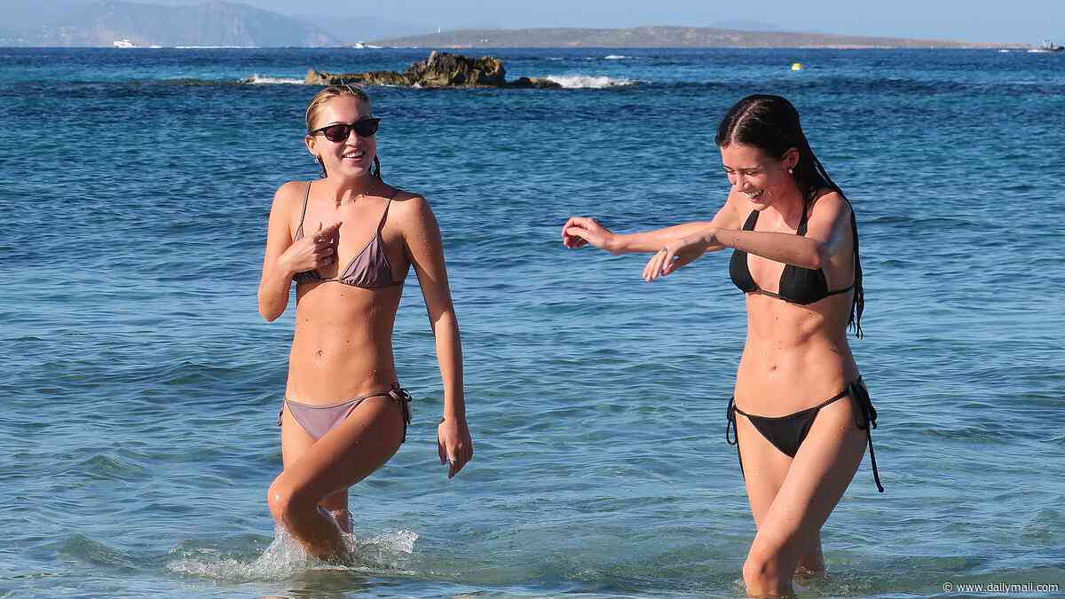 Lila Moss looks just like model mum Kate as she sports a tiny bikini on the beach in Formentera with Charlotte Tilbury's nepo niece