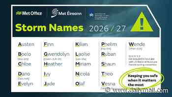 Brace for Storm Shaun! Met Office unveils new list of names for the UK's extreme weather events - including one inspired by the animated sheep