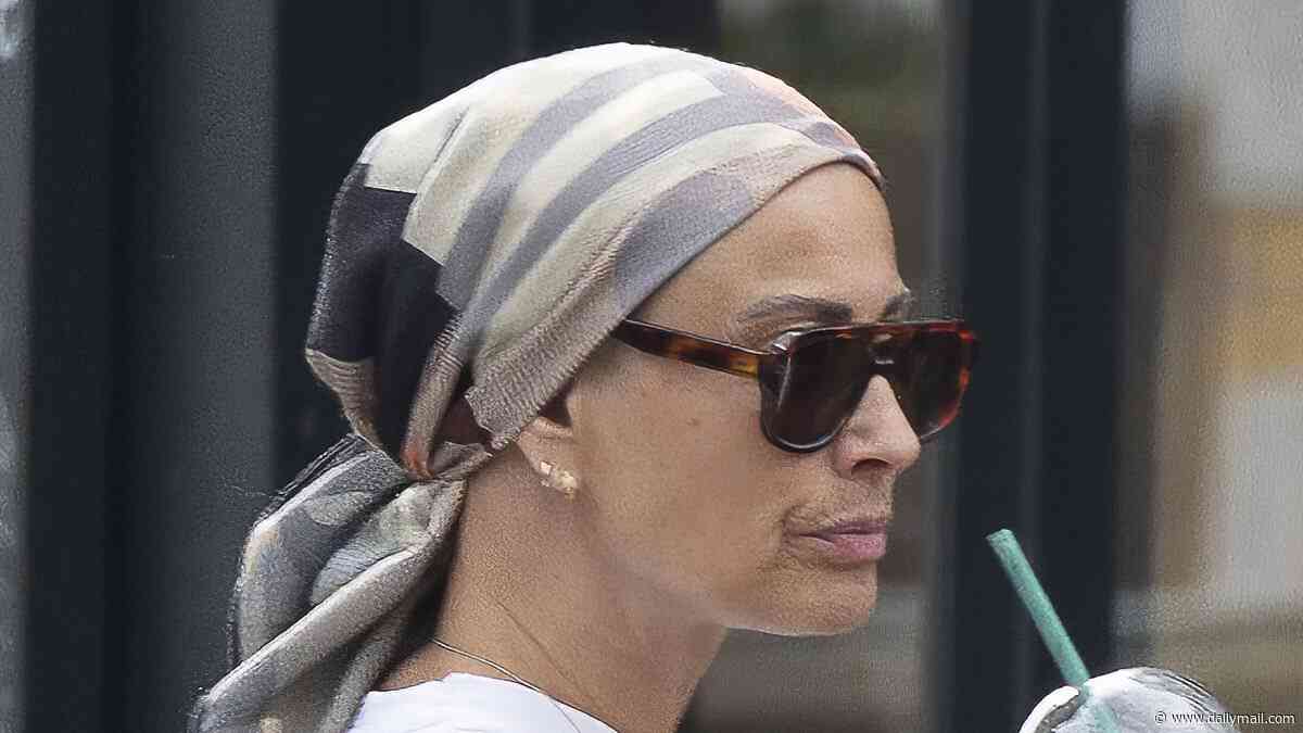 Melanie Sykes wears a headscarf as she is seen for the first time since revealing she has lost 'two-thirds' of her hair due to alopecia
