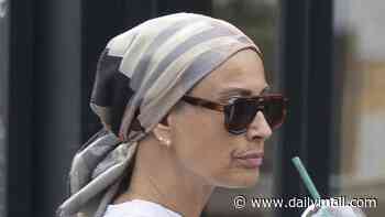 Melanie Sykes wears a headscarf as she is seen for the first time since revealing she has lost 'two-thirds' of her hair due to alopecia